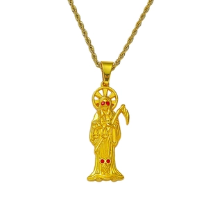 Hip Hop Santa Muerte Grim Reaper Pendant Necklace Rhinestone Inlaid Gothic Scythe Skeleton Jewelry For Men Party