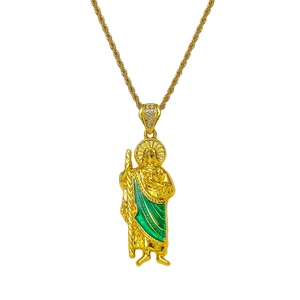 Hip Hop St Jude Thaddeus Religious Pendant Necklace For Men Alloy Rhinestone Green Enamel Rope Chain Jewelry For Party