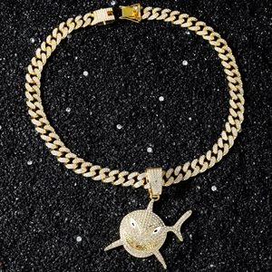Detailed top view of gold-plated hip-hop shark pendant necklace with zircon stones