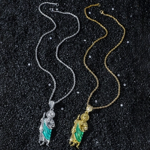 Religious St. Jude pendant necklace with green enamel and zircon stones in gold and silver