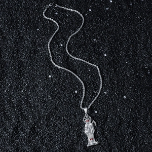 Hip hop reaper pendant necklace with scythe and red rhinestones on silver rope chain