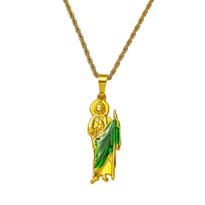 Hip Hop St Jude Pendant Necklace Religious San Judas Tadeo Alloy Rhinestone Enamel Stainless Steel Rope Chain Men Jewelry