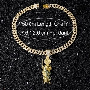 Detailed view of Saint Jude pendant on 50cm gold Cuban chain with green zircon