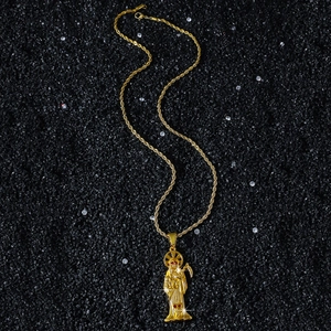 Hip hop style gold Santa Muerte scythe pendant necklace with red gem eyes and rope chain