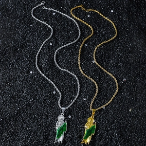 Hip hop Saint Jude pendant necklaces in gold and silver with green enamel on black sand