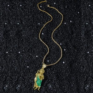 Hip hop Saint Jude pendant necklace with green enamel and gold rope chain on black stone