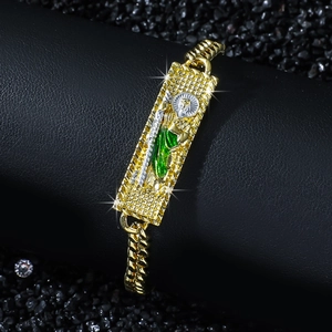 Religious St. Jude pendant bracelet in gold finish with Cuban link chain and green details