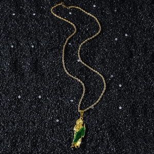 Hip hop style gold San Judas Tadeo pendant with green enamel on a twist chain necklace