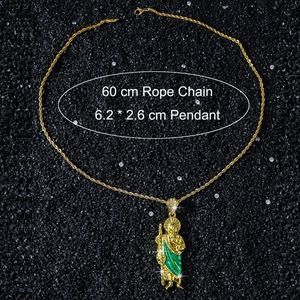 Detail of St. Jude Thaddeus pendant with green enamel on 60cm gold rope chain