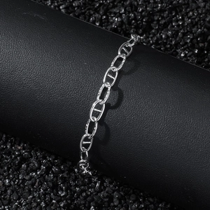 Polished silver stainless steel pig nose chain bracelet with textured anchor links