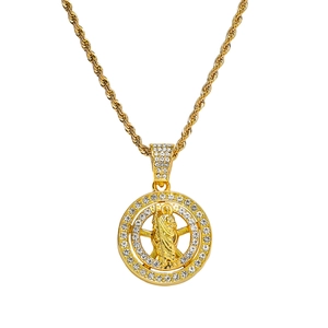 Hip Hop St Jude Religious Pendant Necklace Rotating Disc Full Rhinestone Alloy Stainless Steel Rope Chain Jewelry