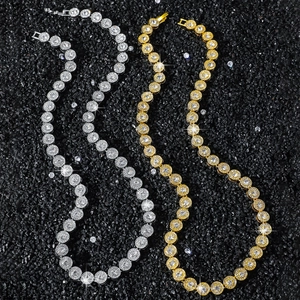 Colliers tennis hip hop de 8mm avec diamants ronds en plaqué or et argent brillant