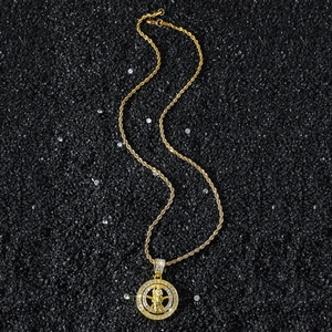 Hip hop Saint Jude rotating medallion pendant with cubic zirconia on gold twisted chain