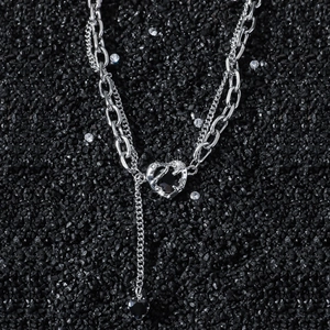 Hip hop style double layer stainless steel necklace with black heart pendant and rhinestones