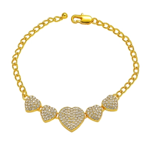 Classic gold-tone hip-hop link bracelet with five graduated sparkling heart pendants