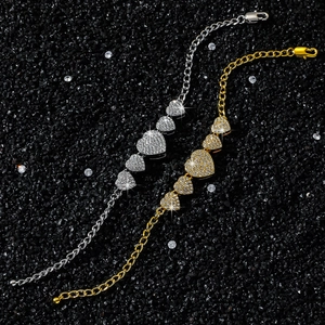 Hip-hop style heart link bracelets with sparkling pavé crystals in gold and silver