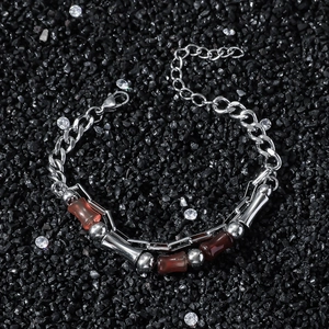 Minimalist Edelstahl Glas Bambusknoten Doppelschichtiges Armband Unisex Rotbraun Patchwork Gliederkette Schmuck Geschenk