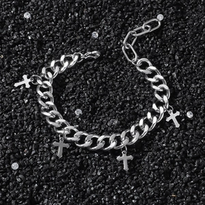 Hiphop Alloy Cross Pendant Cuban Chain Bracelet For Men Women Punk Style Silver Tone Adjustable Link Bracelet Jewelry
