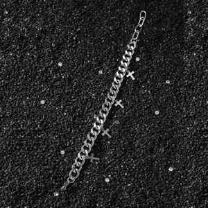 Hip hop stainless steel Cuban link bracelet with cross charms on black stone base