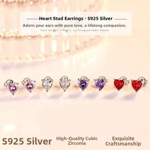 Detail of S925 sterling silver heart earrings featuring pink, purple, and red zircons