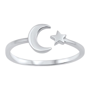 Minimalist S925 sterling silver open ring featuring star and moon charms on white background