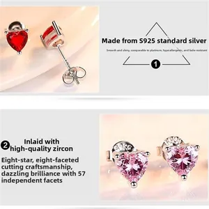 Detail of S925 sterling silver heart earrings with 57-facet cubic zirconia stones