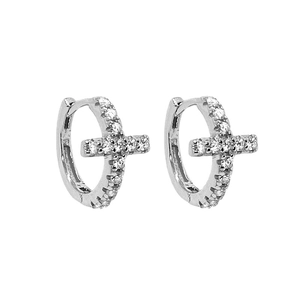 Boucles d'oreilles créoles en argent S925 avec pendentif croix pavé de zircons