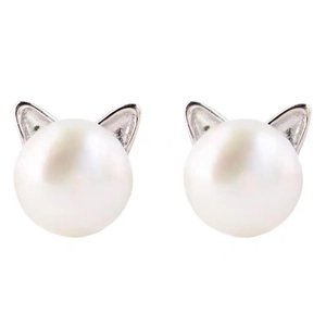 925 Sterling Silver Cat Stud Earrings With Freshwater Pearl Cute Kitten Animal Shape Platinum Plated Ear Jewelry Women
