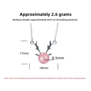 Collier bois de cerf en argent S925 avec perle de cristal rose de 8,5mm et poids