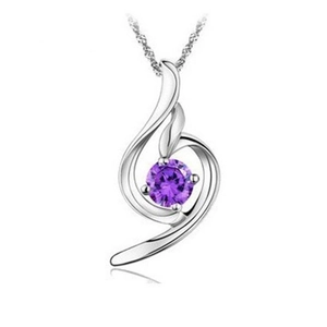 Elegant S925 sterling silver necklace with curved pendant and round purple gemstone