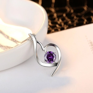 Classic S925 sterling silver necklace with heart pendant and purple gemstone