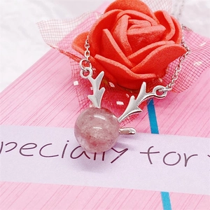 Collier Pendentif en Argent Sterling S925 Bois de Cerf Bijoux en Quartz Fraise pour Femmes Chaîne de Clavicule Plaqué Platine