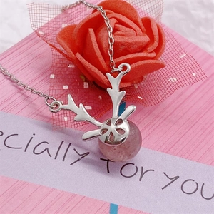 Collier bois de cerf en argent sterling S925 avec pendentif en cristal fraise