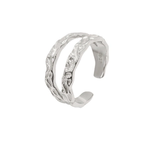 925 Sterling Silver Wave Hammered Texture Open Ring Double Layer Adjustable Minimalist Fashion Jewelry For Couples Commute