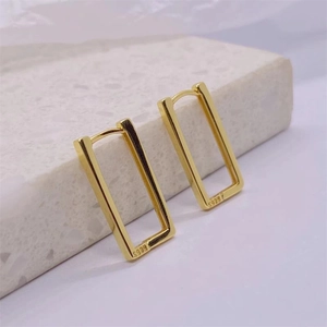 S925 sterling silver rectangular geometric hoop earrings in a polished gold finish