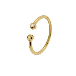 Minimalist S925 sterling silver open ring with gold plating and two clear cubic zirconia