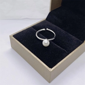 Minimalist S925 sterling silver open ring with white pearl in golden jewelry box