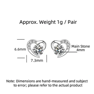 S925 Sterling Silver Heart Stud Earrings with 4mm Zirconia and 7.3mm width details