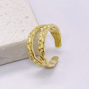 Double-layer wave S925 sterling silver ring with unique lava hammered texture finish