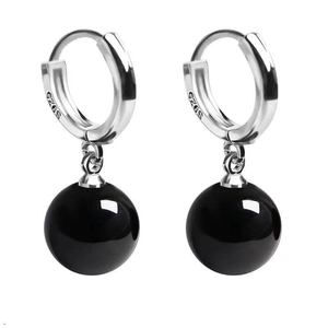 S925 Sterling Silver Black Agate Dangle Hoop Earrings For Women Minimalist Round Ball Drop Jewelry Elegant Gift