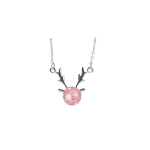 Collier en argent S925 avec bois de renne et pendentif rond en pierre de quartz fraise rose