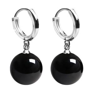 Elegant S925 sterling silver drop earrings with glossy black agate beads on white background