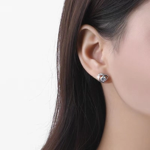 Elegant S925 sterling silver heart stud earrings with sparkling zircon for women