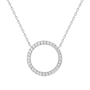 Close-up of S925 sterling silver necklace featuring a circular pendant with pavé set crystals