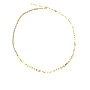 Detailed view of gold-plated necklace with sparkling zircon tennis chain and paperclip link