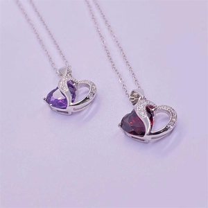 S925 sterling silver heart necklace with purple and red gemstones on thin chain