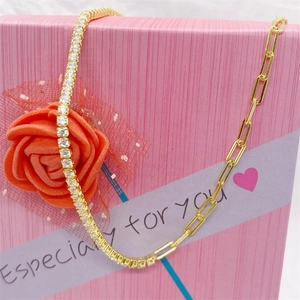 Gold-plated S925 silver necklace featuring a sparkling zircon tennis chain and paperclip link