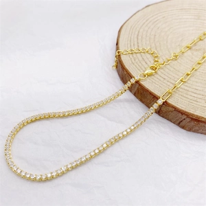 Gold-plated S925 silver necklace with sparkling zircons and paperclip chain design