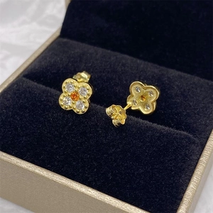 Vintage S925 sterling silver gold plated four-leaf clover stud earrings with orange zircon
