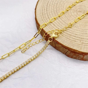 S925 Sterling Silver Zirconia Necklace Asymmetrical Paperclip Tennis Chain Gold Plated Minimalist Necklace For Women